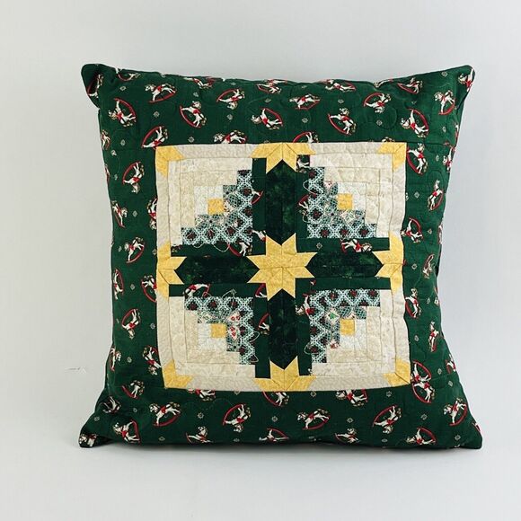 Vintge Christmas Quilted Decor Pillow Red Green Yellow 14x14 Rocking Horse Star - Picture 11 of 11